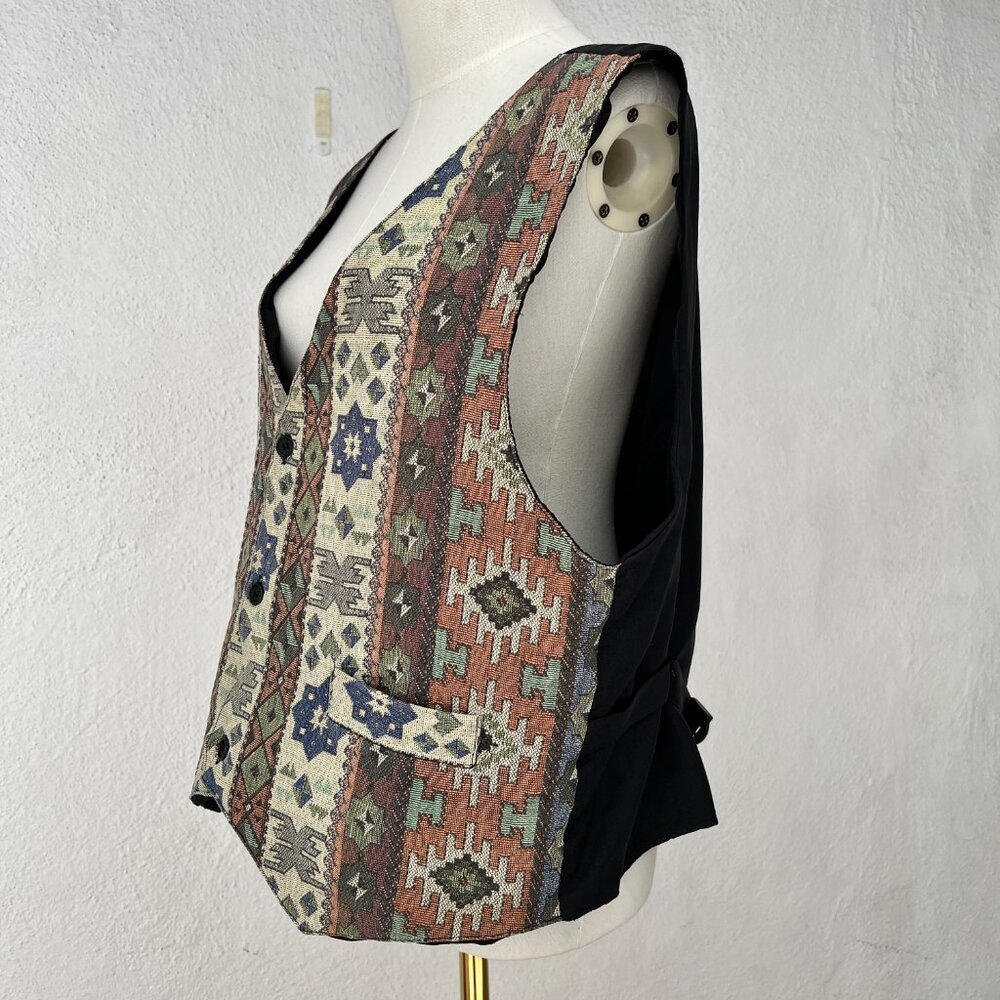 Vintage 90s Tapestry Waistcoat Vest Aztec Southwestern Tribal Pattern Men's XL - Picture 9 of 16